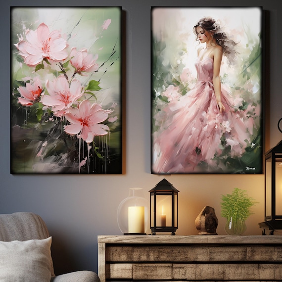 Belle Epoque DS0667 by artist Ksavera - set of 2 giclee prints on stretched canvas, black or gold edges. READY to HANG - diptych, portrait