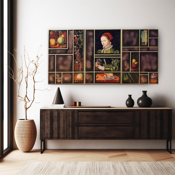 Renaissance portrait A1163 triptych, original acrylic painting and collage by Ksavera