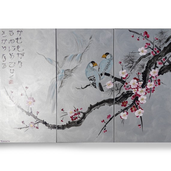 Japan art love birds Japanese style painting J186 Large paintings art stretched canvas acrylic paintings silver wall art by artist Ksavera