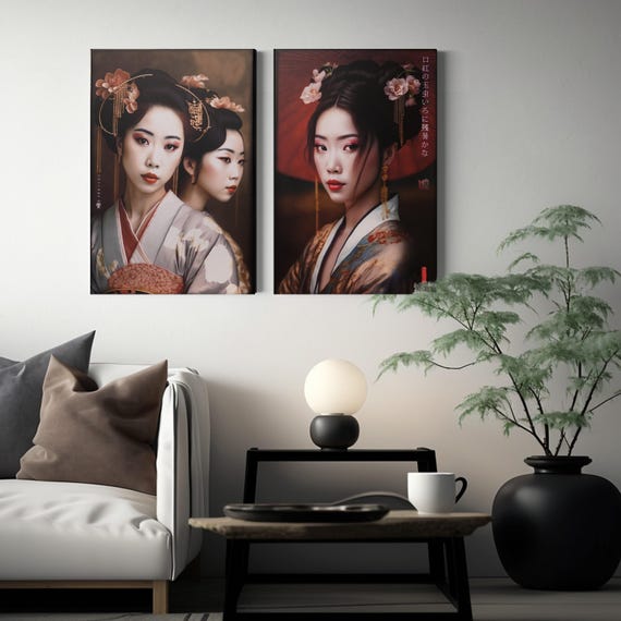 Japanische Gold geisha DS0244 von Künstlerin Ksavera - Set mit 2 Giclée-Drucken auf Leinwand, Goldspray Diptychon, limitierte Auflage von 10