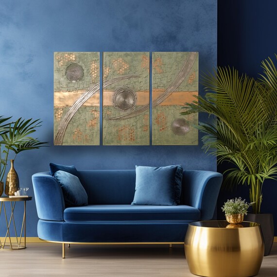 Gold brass Abstract painting A1220 by artist Ksavera - large textured triptych, original abstract textured paintings - READY to HANG