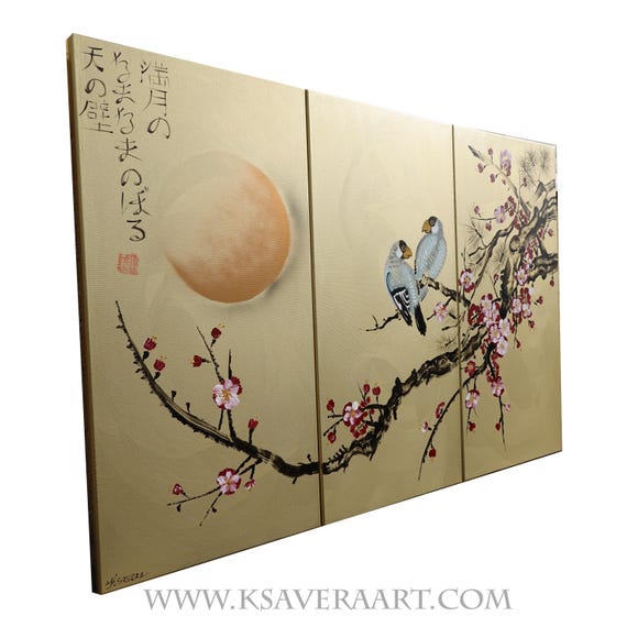 Japanese sakura J400 by artist Ksavera - large gold triptych, original japanese style acrylic paintings on canvas