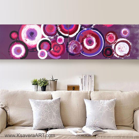 Violet circles purple Diptych abstract art Long painting acrylic on stretched canvas modern wall art A047 by artist Ksavera
