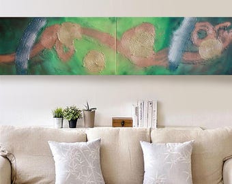 green abstract art long textured paintings acrylic on stretched canvas diptych modern wall art A085 by artist Ksavera
