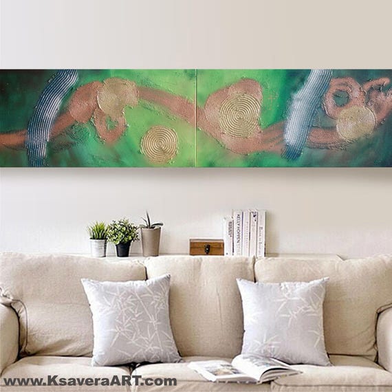 green abstract art long textured paintings acrylic on stretched canvas diptych modern wall art A085 by artist Ksavera