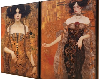Belle Epoque DS0255 by artist Ksavera - set of 2 giclee prints on stretched canvas, black or gold edges. READY to HANG - diptych - Klimt