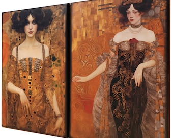 Belle Epoque DS0255 by artist Ksavera - set of 2 giclee prints on stretched canvas, black or gold edges. READY to HANG - diptych - Klimt