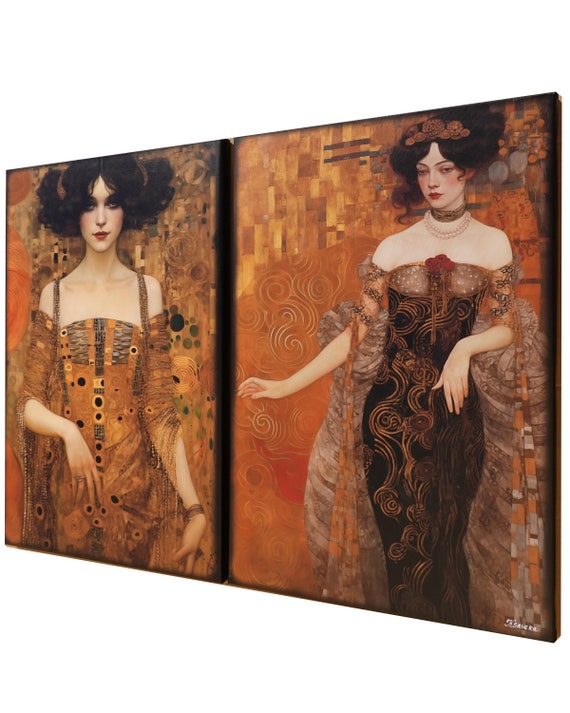 Belle Epoque DS0255 by artist Ksavera - set of 2 giclee prints on stretched canvas, black or gold edges. READY to HANG - diptych - Klimt