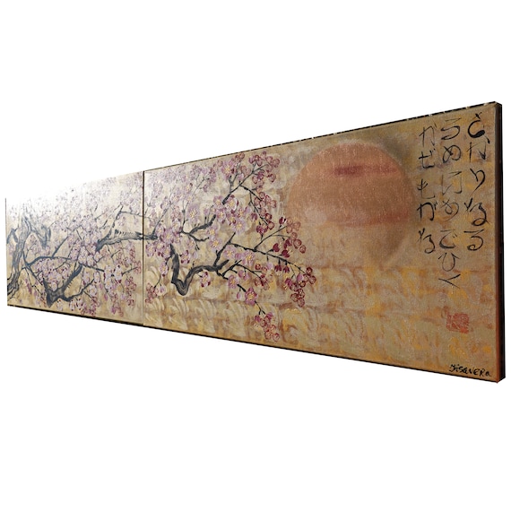 Cherry blossom and love birds - Japanese style painting J341 Gold paintings Japan art stretched canvas acrylic wall art by artist Ksavera