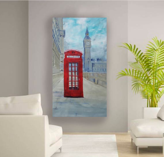 Red telephone box London Palace of Westminster 90x160 cm S051 Large impressionism acrylic painting on unstretched canvas by artist Ksavera