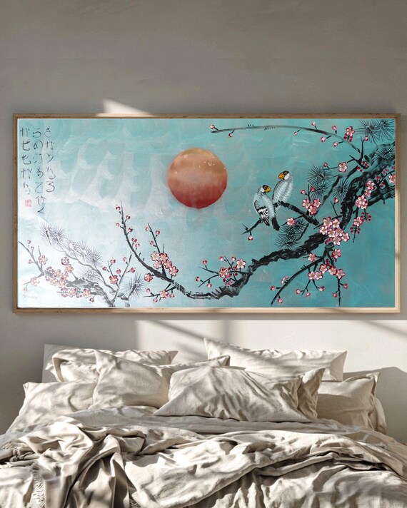 Japanese Birds J530 | Original Acrylic Painting on Large Canvas | Japandi Wall Art by Ksavera