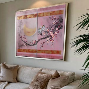 Japanese Sakura J314 Silver Pink Diptych - Acrylic Canvas | Japandi Wall Art by Ksavera
