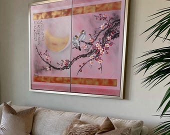 Japanese Sakura J314 Silver Pink Diptych - Acrylic Canvas | Japandi Wall Art by Ksavera