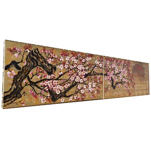 A large, long painting depicting a cherry blossom tree with pink flowers against a golden background.