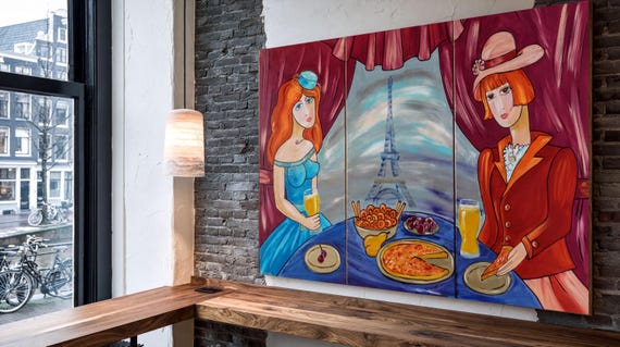 Urban Lifestyle Canvas Art F162 Ladies in Paris Tryptych Acrylic Set by Ksavera