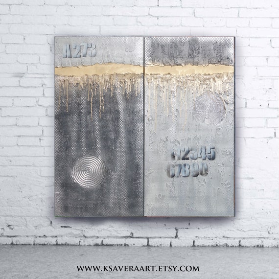 black and white Abstract Painting Gold stripe diptych textured wall art A273 Acrylic Original art by artist Ksavera