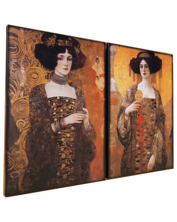 Belle Epoque DS0256 by artist Ksavera - set of 2 giclee prints on stretched canvas, black or gold edges. READY to HANG - diptych - Klimt