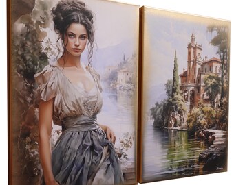 Belle Epoque DS0659 by artist Ksavera - set of 2 giclee prints on stretched canvas, black or gold edges. READY to HANG - diptych, portrait