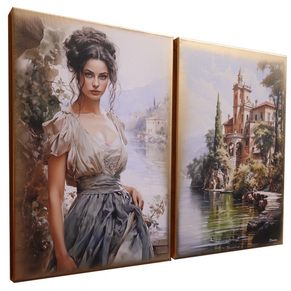 Belle Epoque DS0659 by artist Ksavera - set of 2 giclee prints on stretched canvas, black or gold edges. READY to HANG - diptych, portrait