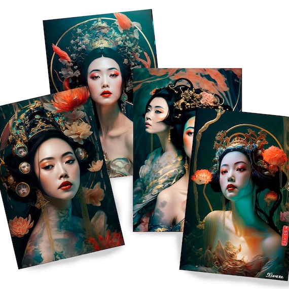 Japanese geisha DS0208 by Ksavera - Digital print set of 4 - synthography fine art prints - Printed on glossy premium fine art photo paper