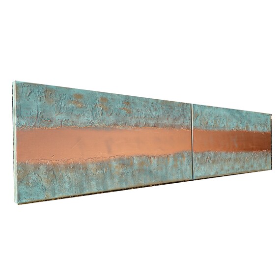 Copper patina Abstract painting A1236 by artist Ksavera - textured diptych, original abstract textured paintings