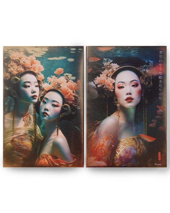 Japanese gold geisha DS0258 by artist Ksavera - set of 2 giclee prints on streched canvas with gold spray - READY to HANG