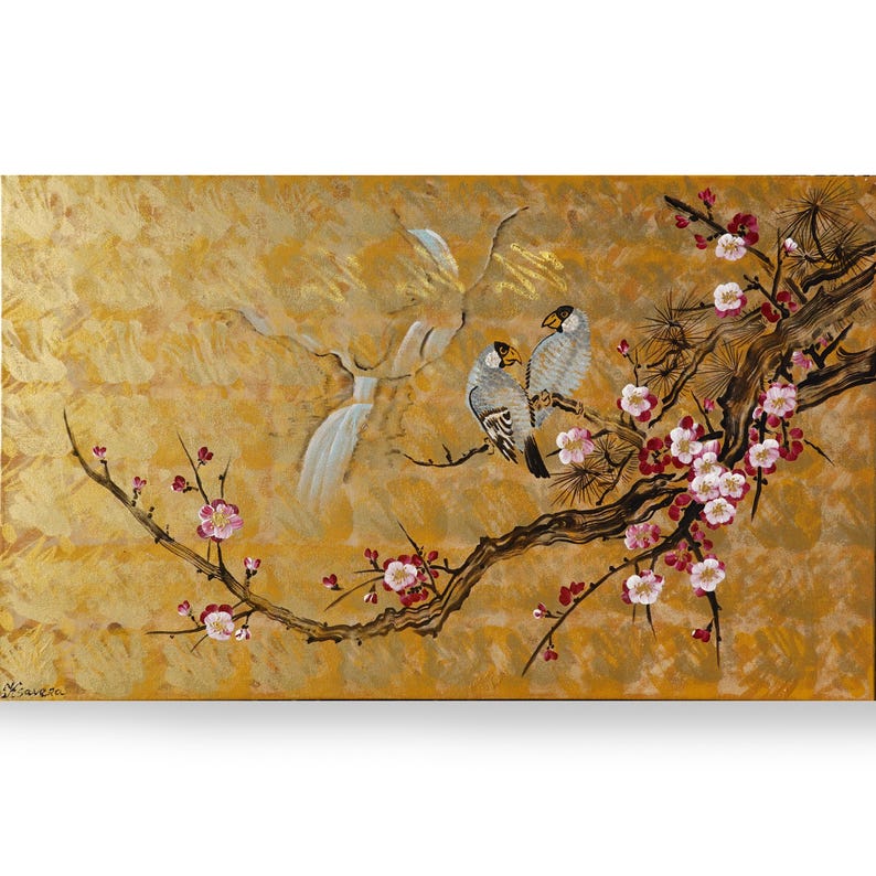 A painting depicting two birds perched on a branch with pink and white flowers.