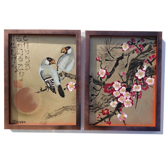 Japanese birds J344 - gold diptych, original acrylic painting on canvas in gold beech wood frame, japanese style art by artist Ksavera