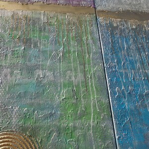 The image is a close-up of a textured surface with a variety of colors and patterns, including green, blue, and metallic elements.