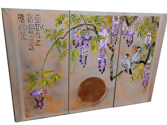 Japan art Wisteria and love birds Japanese style painting J303 Large paintings stretched canvas acrylic paintings wall art by artist Ksavera