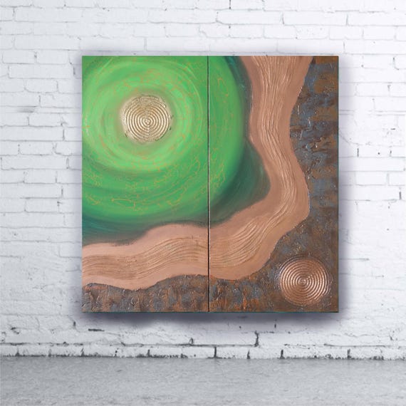 green diptych rusty iron copper Abstract Painting textured wall art A151 Original Contemporary Art by KSAVERA canvas mid century modern