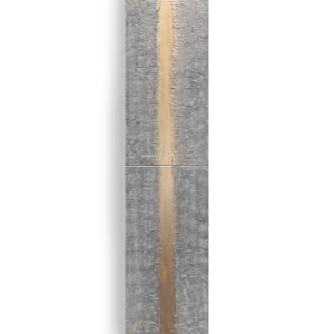 The image is a tall, vertical piece of art with a textured, gray background and a golden line running through it.