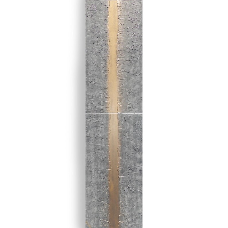 The image is a tall, vertical piece of art with a textured, gray background and a golden line running through it.