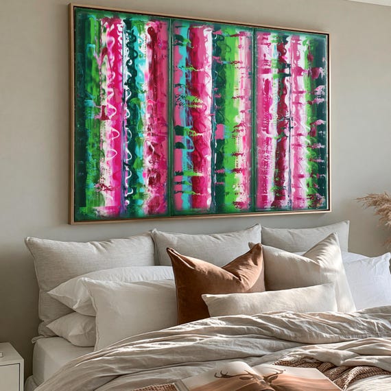 tryptych green pink Abstract Paintings A609 colorful art for Lounge, Office, Sleeping room or above sofa by Ksavera