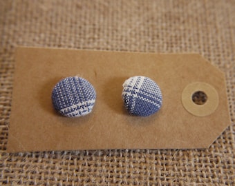 Checkered Blue Button Earrings 15mm