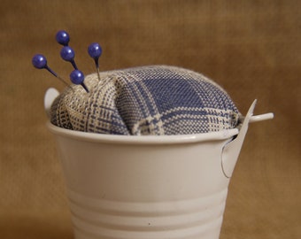 Pin Cushion Bucket- Checkered Blue