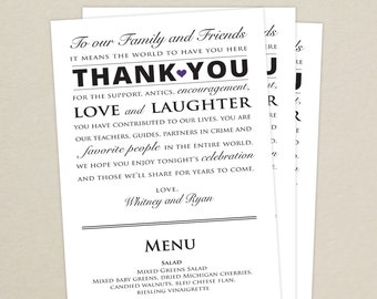 Wedding Reception Menu and Thank You Card Combo - Wedding Menu Card - Thank You Menu Card - Custom Colors Available
