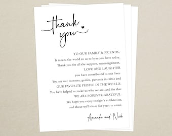 Printed Wedding Reception Thank You Card - Personalized Thank You Card - Wedding Thank You Place Setting - Custom Size
