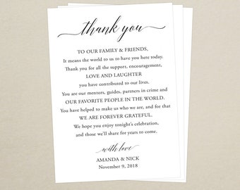 Printed Wedding Reception Thank You Card - Personalized Thank You Card - Wedding Thank You Place Setting - Custom Size