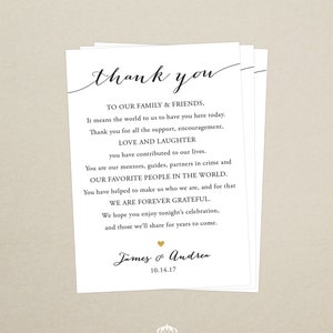 Printed Wedding Reception Thank You Card - Personalized Thank You Card - Wedding Thank You Place Setting - Custom Size