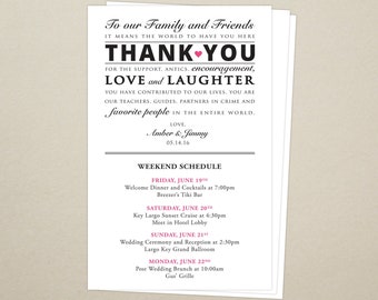 Itinerary Cards for Wedding Hotel Welcome Bag - Printed Schedule - Destination Wedding - Welcome Bag Card - Thank You - Wedding Weekend