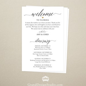 Itinerary Cards for Wedding Hotel Welcome Bag - Printed Schedule - Destination Wedding - Welcome Bag Card - Thank You - Wedding Weekend