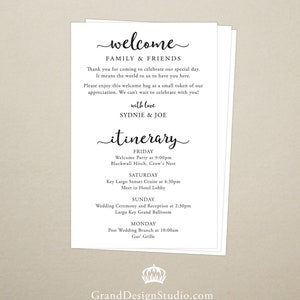 Itinerary Cards for Wedding Hotel Welcome Bag - Printed Schedule - Destination Wedding - Welcome Bag Card - Thank You - Wedding Weekend