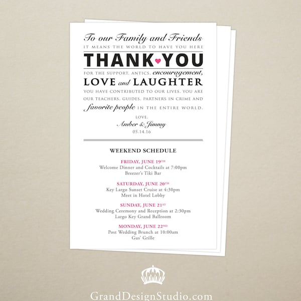 Itinerary Cards for Wedding Hotel Welcome Bag - Printed Schedule - Destination Wedding - Welcome Bag Card - Thank You - Wedding Weekend