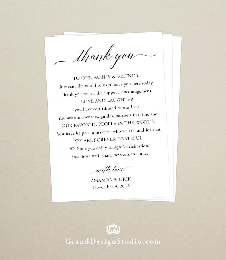 Printed Wedding Reception Thank You Card Personalized Thank You Card Wedding Thank You Place Setting Custom Size image 1