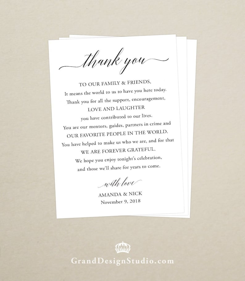 Printed Wedding Reception Thank You Card Personalized Thank Etsy Canada