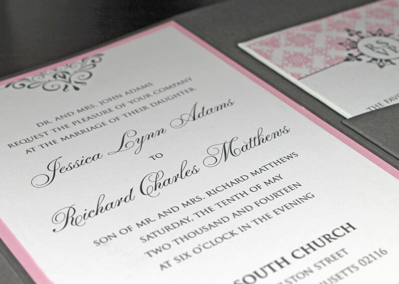 Wedding Invite RSVP Included Luxury Invitation Set Custom Invitation Pocket Wedding Invitation with Monogram Damask Pocketfold