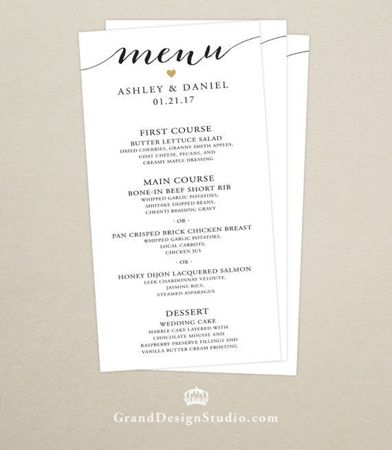 Script Custom Colors Available Classic Elegant Wedding Reception Dinner Menu Personalized Wedding Menu Card