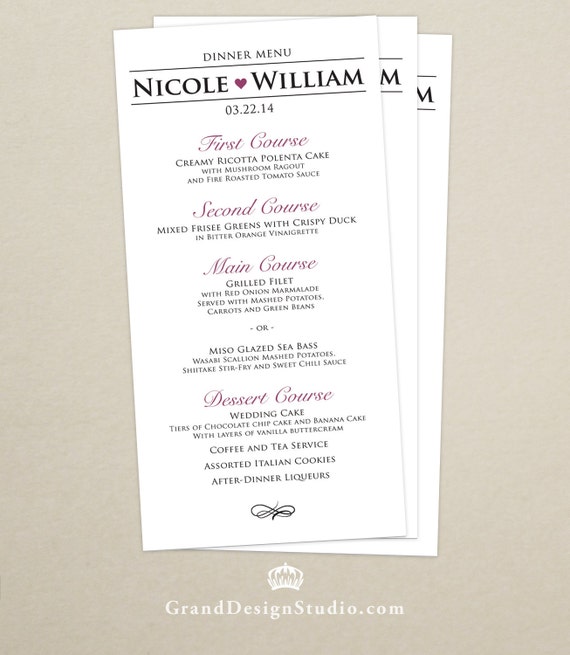 Wedding Reception Dinner Menu Modern Heart Personalized Etsy