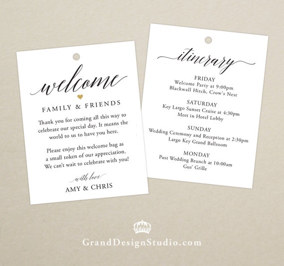 Wedding Itinerary Cards Template, Wedding Welcome Bag Tags